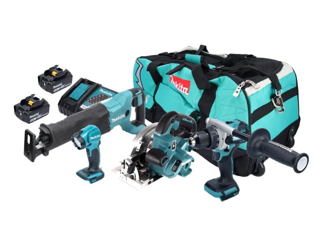 Makita 5-in-1-Akku-Kombi-Set mit Bohrschrauber, Kreissäge, Säbelsäge, Winkelschleifer und Taschenlampe 18 V 5,0 Ah